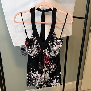 Floral Halter Top with White, Silver and Pink Accents